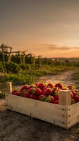 Fresh ripe strawberries in wooden crate at sunset farm field with vineyard background for organic agriculture and harvest season concepts.