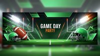 Game day party banner with football and helmet on green field background for sports event promotion and celebration.