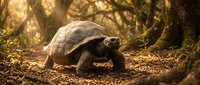 Giant tortoise walking through forest floor covered in moss and fallen leaves, surrounded by ancient trees with golden sunlight filtering through canopy, wildlife nature scene.