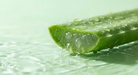Fresh aloe vera leaf with water droplets and splash on light green background for natural skincare and wellness concepts.