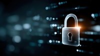 Digital security padlock icon glowing against dark technology background with bokeh lights representing cybersecurity data protection and network safety.