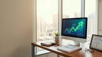 Workspace desk with computer monitor displaying upward trending green arrow chart graph, cityscape visible through large windows, modern office environment for business analytics and financial growth concepts.