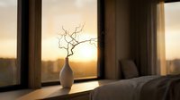 Minimalist bedroom interior with white ceramic vase containing bare branches on windowsill during golden hour sunrise, creating warm ambient lighting and peaceful atmosphere.