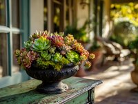 Colorful succulent arrangement in vintage decorative urn on rustic wooden table, creating elegant garden display for home decor or outdoor patio setting.