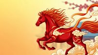 Red horse with flowing mane leaping through clouds on golden background. Traditional Asian art style with ornate decorative elements for lunar new year celebrations.