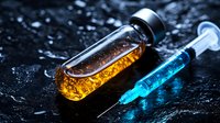 Glass vial with amber liquid and medical syringe with blue solution on dark wet surface with water drops, dramatic lighting and reflective background.