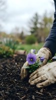Gardener in work gloves planting purple pansy flower in soil outdoors. Hands holding seedling in garden bed with blurred trees and plants in background. Spring gardening and landscaping work.
