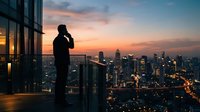 Silhouette of male professional standing on high-rise balcony at sunset, talking on phone with cityscape and illuminated buildings below, suitable for business, communication, and corporate concepts.