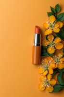 Orange lipstick with yellow spring flowers and green leaves arranged on vibrant orange background. Minimal beauty flat lay composition for cosmetic branding.