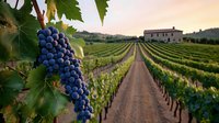 Ripe purple grape cluster in foreground with rows of grapevines leading to rustic farmhouse on hilltop, dramatic sunset sky over vineyard landscape.