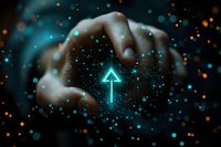 Glowing blue arrow pointing upward appears between hands against dark background with magical bokeh lights and particles creating mystical atmosphere.