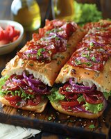 Gourmet submarine sandwiches with roasted meat, fresh vegetables and herbs served on rustic wooden board, perfect for menu, restaurant promotion or food blog content.