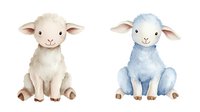 Adorable watercolor baby lambs in cream and blue colors sitting together, sweet farm animals for nursery art and children design projects on white background.