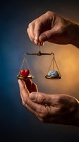 Hands holding scales balancing red heart and brain representing emotional versus logical decision making and life choices.