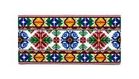 Traditional folk embroidery pattern with colorful geometric motifs and floral elements on white background, seamless design for textile decoration.
