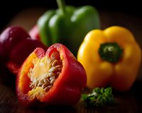 Fresh colorful bell peppers on dark wooden background, cut red pepper showing seeds and texture, with yellow and green peppers in soft focus.