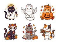 Cute cats in Halloween and autumn costumes, isolated characters for seasonal designs, greeting cards, and children's illustrations.