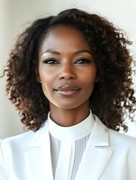 African American businesswoman with natural curly hair wearing white blazer and pleated blouse, displaying confident smile and professional demeanor. Suitable for corporate marketing.