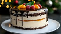 Layered chocolate and vanilla cake with dark chocolate drip, topped with fresh raspberries and orange slices against festive bokeh lights background.