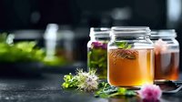 Fresh herbal tea in glass jar with wild flowers and herbs on dark background, selective focus on honey colored beverage with mint garnish.