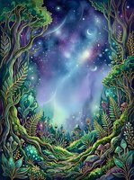 Enchanted forest clearing framed by glowing trees reveals cosmic night sky with stars, moons, and nebula clouds above mystical vegetation and magical woodland landscape.