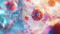 Microscopic view of virus cells floating in colorful fluid with bokeh effect background, showing detailed molecular structure in pink and blue tones.