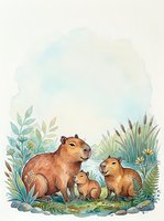 Watercolor capybara family with baby in tropical wetland vegetation on textured paper background for nature and wildlife themed designs.