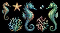 Seahorse and sea creature collection isolated on transparent background, ready for t-shirt design, clipart, stickers, sublimation and print-on-demand products.