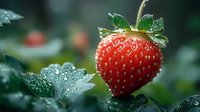 Fresh ripe strawberry with water drops on green leaves in garden, macro photography with soft selective focus and natural morning light.