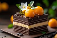 Layered chocolate cake slice with cream filling, decorated with fresh kumquats and white flower on dark wooden background, close up view of gourmet dessert.
