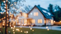 Dreamy house silhouette with digital smart home interface overlay and glowing bokeh lights at dusk, concept of modern home automation and IoT technology.