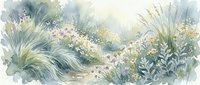 Watercolor meadow landscape with wildflowers and grass in soft pastel tones. Delicate botanical illustration with gentle brushstrokes and natural textures.