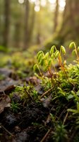Fresh green moss sprouting from forest floor with sunlight filtering through trees creating natural bokeh background for environmental concepts.