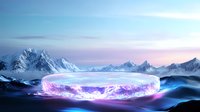 Glowing neon ring portal with purple energy floating above dark mountains landscape at dusk, mystical sci-fi scene with snowy peaks and dramatic sky.