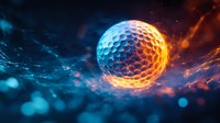 Dramatic golf ball split between ice and fire effects against dark background with glowing particles and motion blur, sports concept for competition and power.