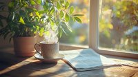 Steaming coffee cup and open book on wooden windowsill in morning sunlight with houseplant, creating cozy atmosphere for relaxation and reading.