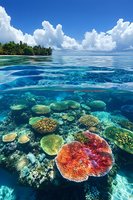 Split view of vibrant coral reef underwater and tropical island with white fluffy clouds in blue sky, crystal clear turquoise ocean water shows diverse marine ecosystem.