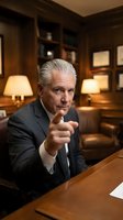 Senior Caucasian businessman in suit pointing finger at camera in luxury office with wooden furniture and warm lighting for corporate leadership concepts.