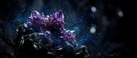 Purple amethyst crystal cluster on dark rock formation against starry night sky background with cosmic nebula and celestial elements for spiritual healing concepts.