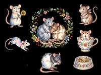 Cute watercolor mice and rats clipart set, isolated on transparent background. Includes floral wreath couple, teacup mouse, and more. Great for stickers, t-shirts, print on demand.
