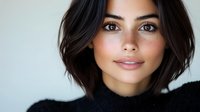 Young Hispanic woman with dark hair and natural makeup wearing black sweater smiling at camera against light background, close-up portrait with soft lighting.