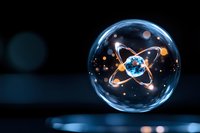 Glowing atom model in glass sphere with orbiting electrons and Earth core, floating on dark background with light bokeh effects and reflections.