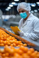 Male quality control inspector in protective workwear checking fresh oranges on industrial sorting line. Food production facility worker documenting harvest inspection.