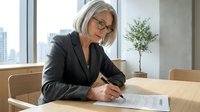 Professional mature Caucasian businesswoman with blonde bob haircut and glasses signing documents at modern office desk near window with city view.
