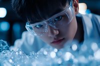 Young Asian scientist in protective eyewear examining crystalline substance in dark laboratory with blue lighting and bokeh effect. Close-up portrait shows focused concentration.
