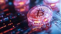 Glowing cryptocurrency coin on circuit board with pink and blue bokeh lights creating futuristic atmosphere. Digital money concept for financial technology.