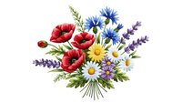 Wildflower bouquet with red poppies, blue cornflowers, white daisies and purple lavender on white background for greeting cards and floral designs.