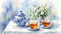 Watercolor tea set with blue and white porcelain teapot, two cups of tea, and white flowers in a vase on a table.
