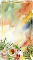 Watercolor culinary background with fresh herbs, vegetables, and spices arranged around golden frame border, featuring soft blended washes in warm earth tones for food styling and recipe design.