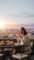 Mature blonde woman enjoying morning coffee on rooftop terrace overlooking city skyline at sunrise with breakfast table and urban view.